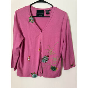 Women's Michael Simon Spun silk/ cotton Pink Cardigan with Beaded Turtles M